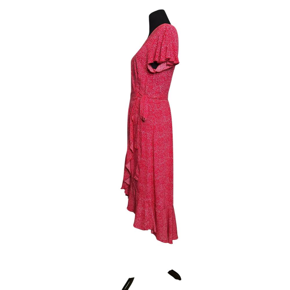 Zesica red white print short sleeves wrap midi dress size Small - Picture 14 of 16